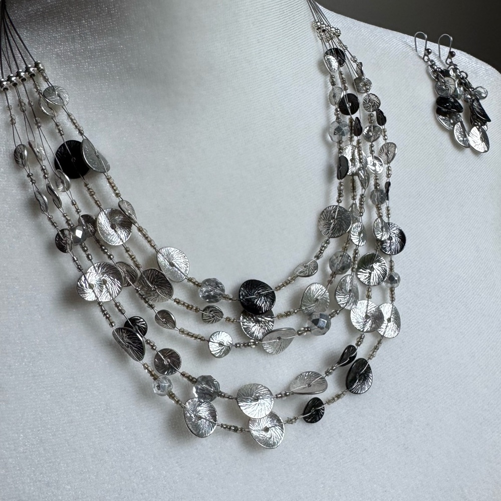 Chico’s Elegant Silver and Chrome Multi-Strand Necklace and Earrings Set‎